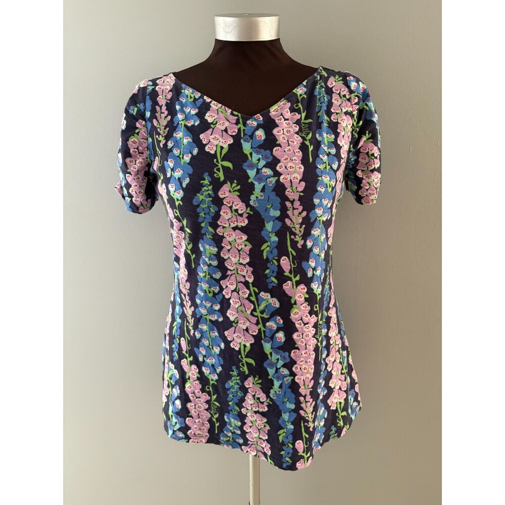 Lilly Pulitzer Shirt Womens L Blue Floral Double VNeck Ruched Sleeve Fairy